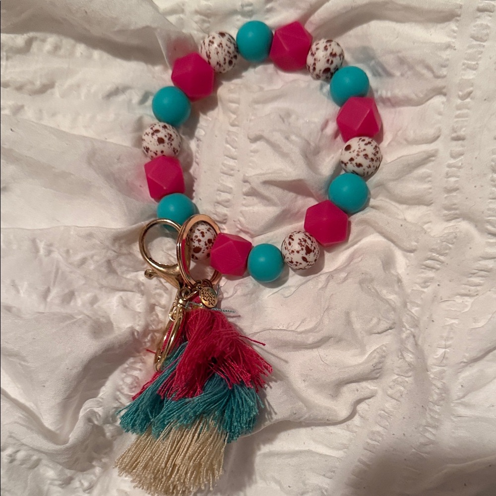 Pink and Turquoise Beaded Bracelet with Tassel